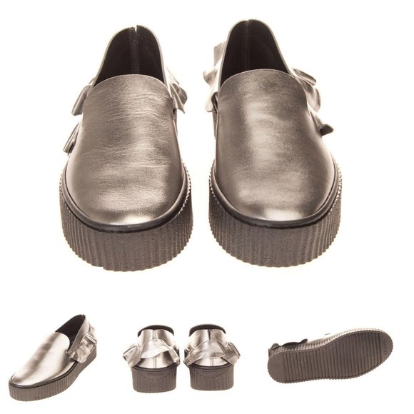 $460 NWT Pinko Silver‎ Chunky Platform Shoes 9 Metallic Ruffle Leather Loafer - Picture 3 of 15